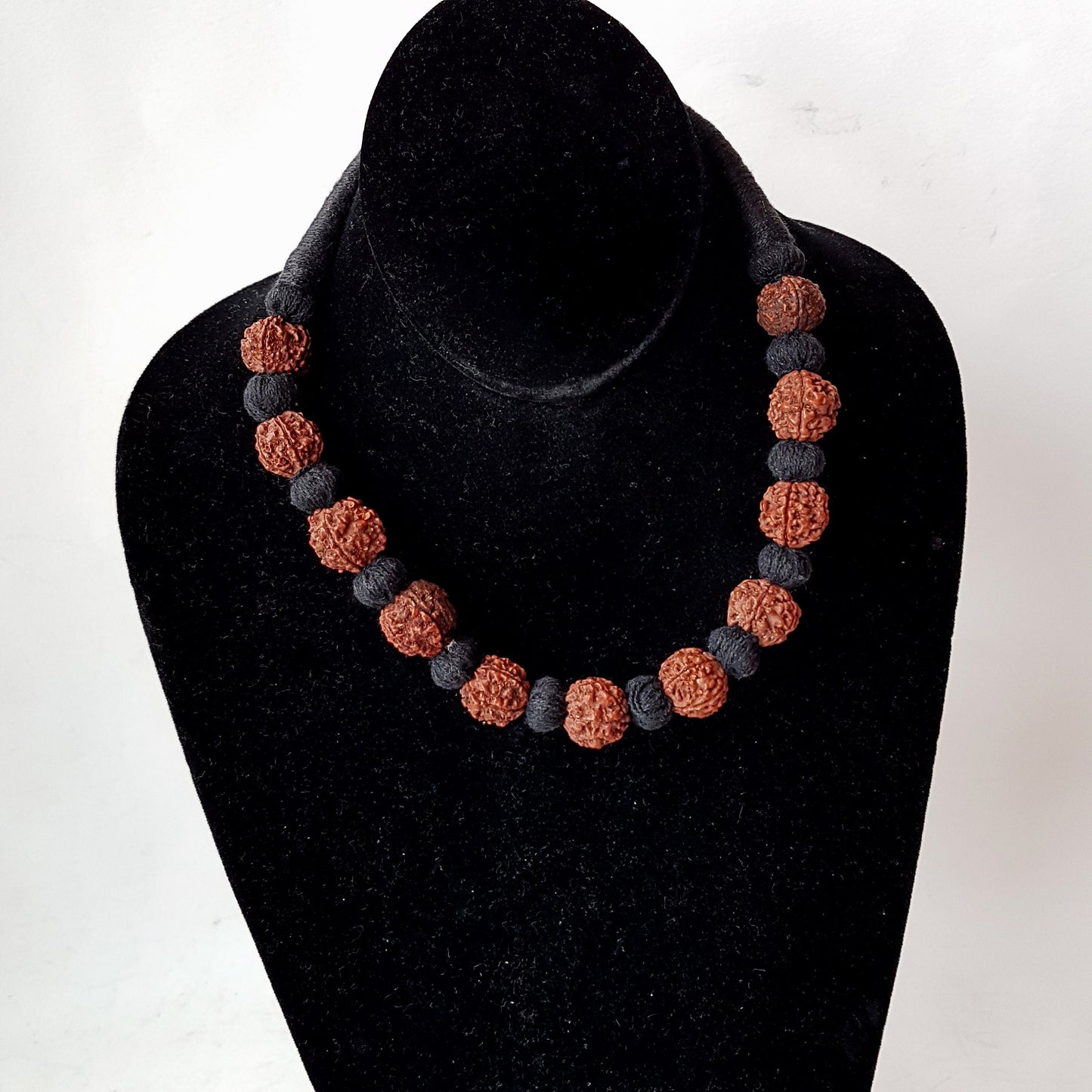 Sacred bead natural Rudraksha Yoga meditation necklace with traditional hand-knotted cotton cord 18 inch. Earthy brown and black. - Vintage India Ca