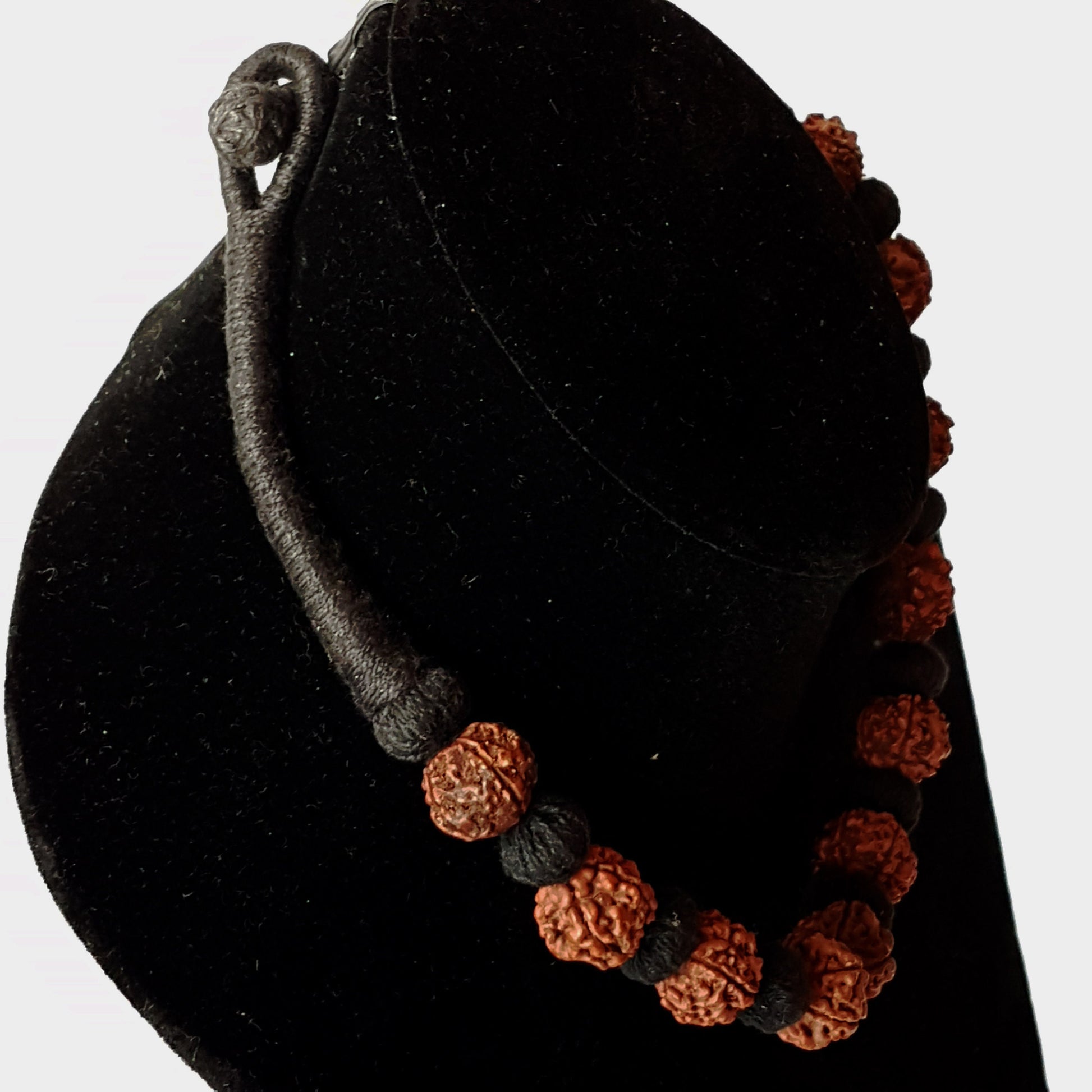 Sacred bead natural Rudraksha Yoga meditation necklace with traditional hand-knotted cotton cord 18 inch. Earthy brown and black. - Vintage India Ca