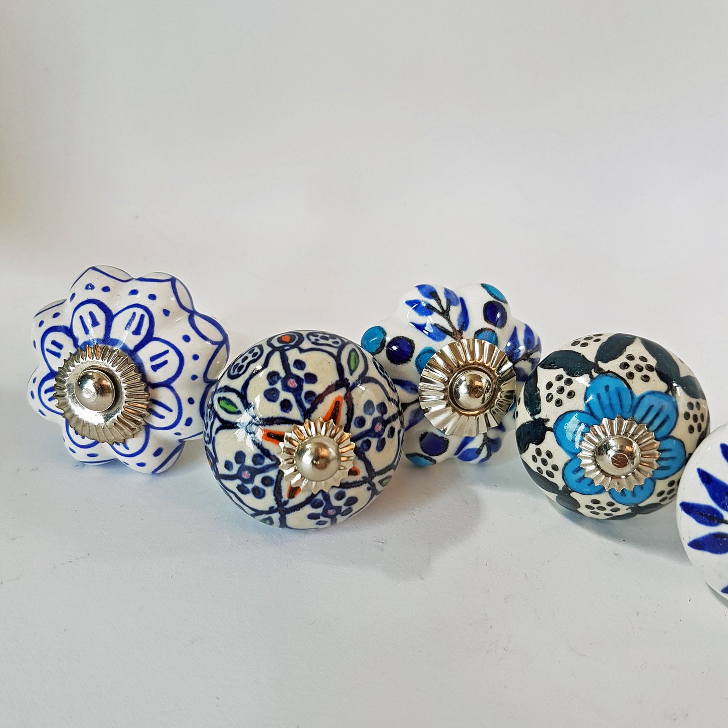 Delphine set of 8 cabinet knob drawer pulls. Designer collection in classic Delft Dutch blue & white floral patterns.  Easy DIY decor fix! - Vintage India Ca