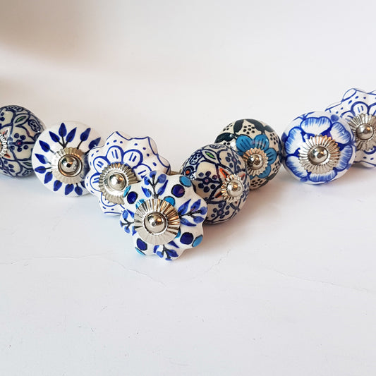 Delphine set of 8 cabinet knob drawer pulls. Designer collection in classic Delft Dutch blue & white floral patterns.  Easy DIY decor fix! - Vintage India Ca