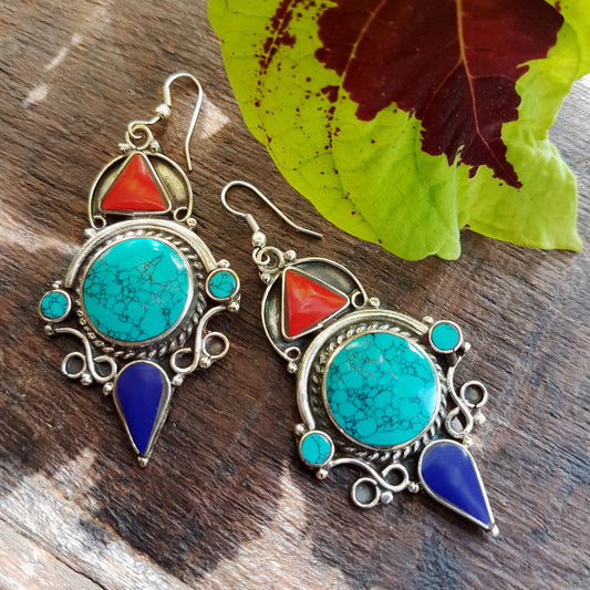 Ethnic boho dangle earrings. Antique silver finish mixed with turquoise, coral and lapis. Light weight. 2.5 inches by 1.25 inches. - Vintage India Ca