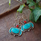 Turquoise & silver tone Boho gypsy tribal earrings. Ethnic statement drop design with coral accents. Tibetan style 2 inch hang by 1.5  inch. - Vintage India Ca