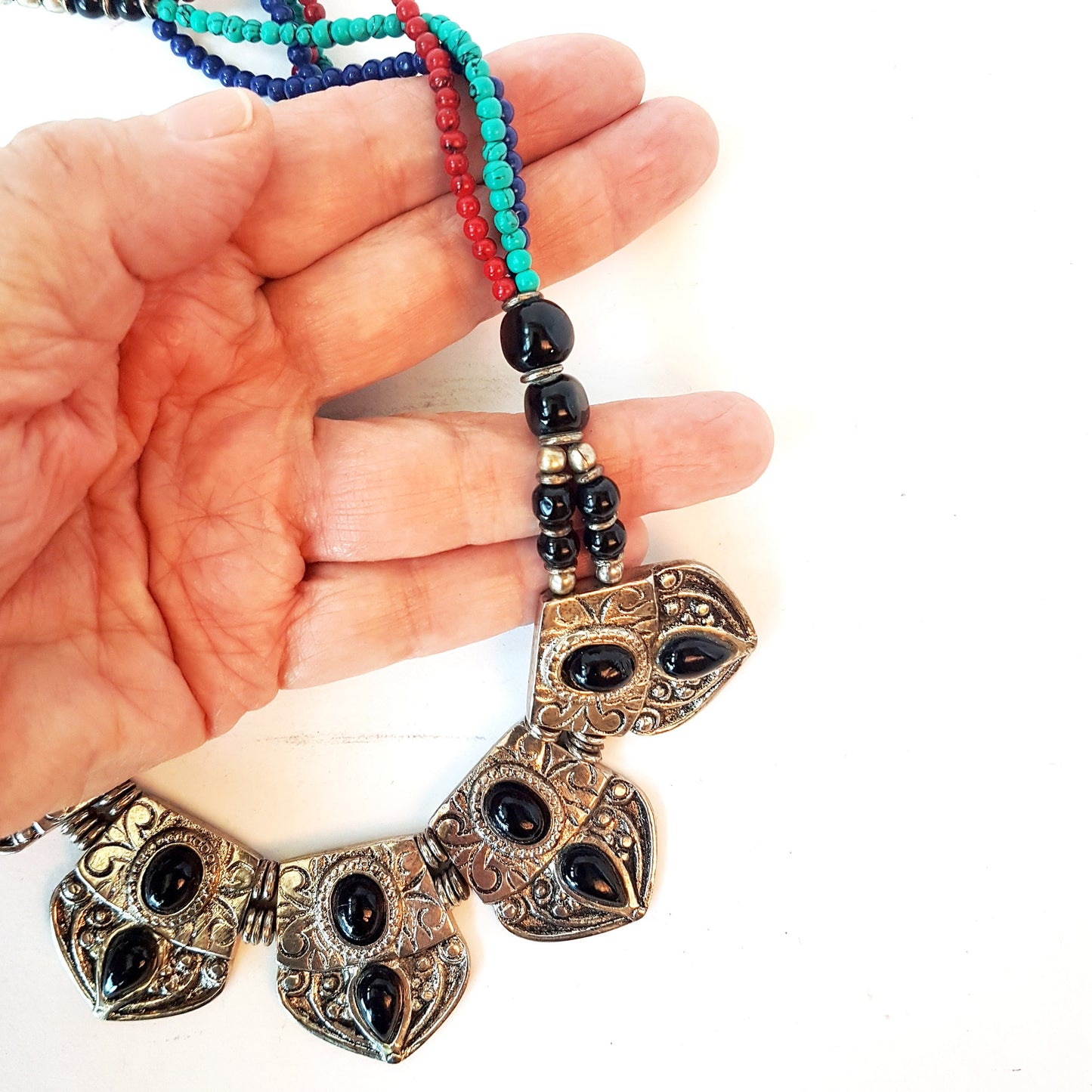 Dramatic Indo Tibetan necklace with black onyx stones inlaid on embossed silver metal. Multicolor beaded rope finish. - Vintage India Ca
