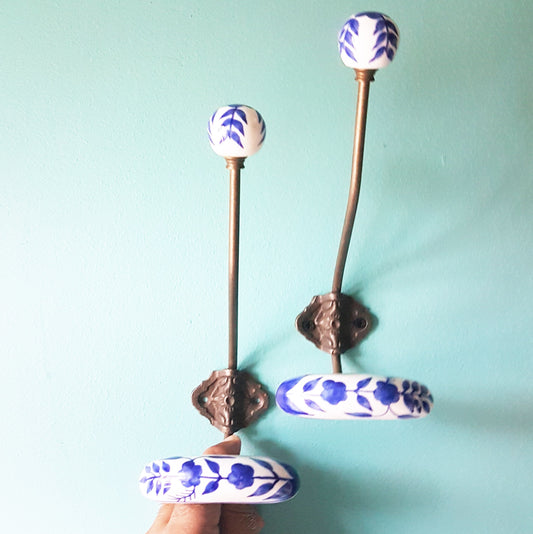 Pair of blue & white double tier coat hooks. Set of 2 wall hooks in Dutch Delft design. Hang coats, jackets, clothing, towels wrinkle free. - Vintage India Ca