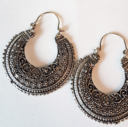 Large tribal boho hoop earrings in antique silver finish. Creole style. Light weight with delicate embossed pattern. 2 inch size. - Vintage India Ca
