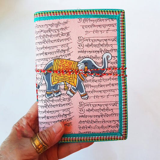 Elephant journal-personal diary-sketchbook 5 x 7 inch.  Sanskrit mantra design. High quality handmade paper pages-tree free. - Vintage India Ca