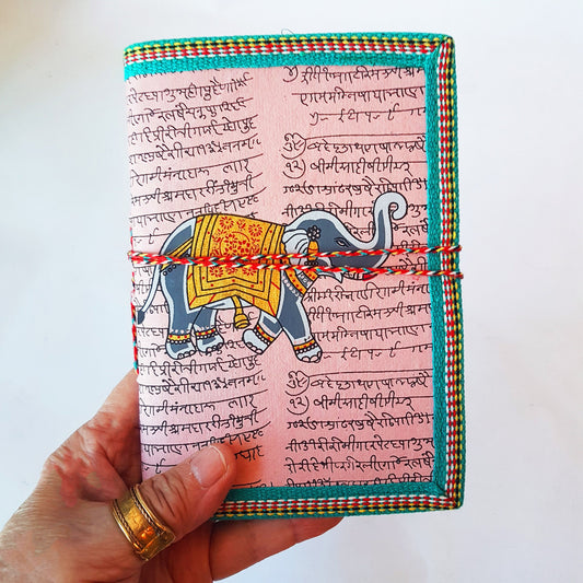 Elephant journal-personal diary-sketchbook 5 x 7 inch. Sanskrit mantra design. High quality handmade paper pages-tree free. - Vintage India Ca