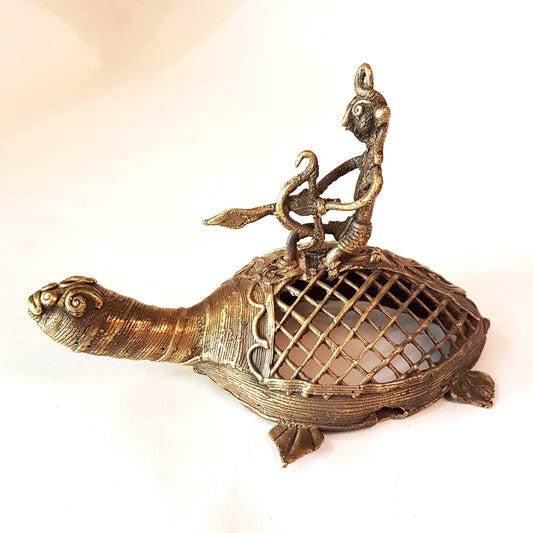 Tortoise statue metal art collectible. Vintage tribal turtle sculpture from Chhatisgarh region of India. 4 inches wide by 6 inches long. - Vintage India Ca