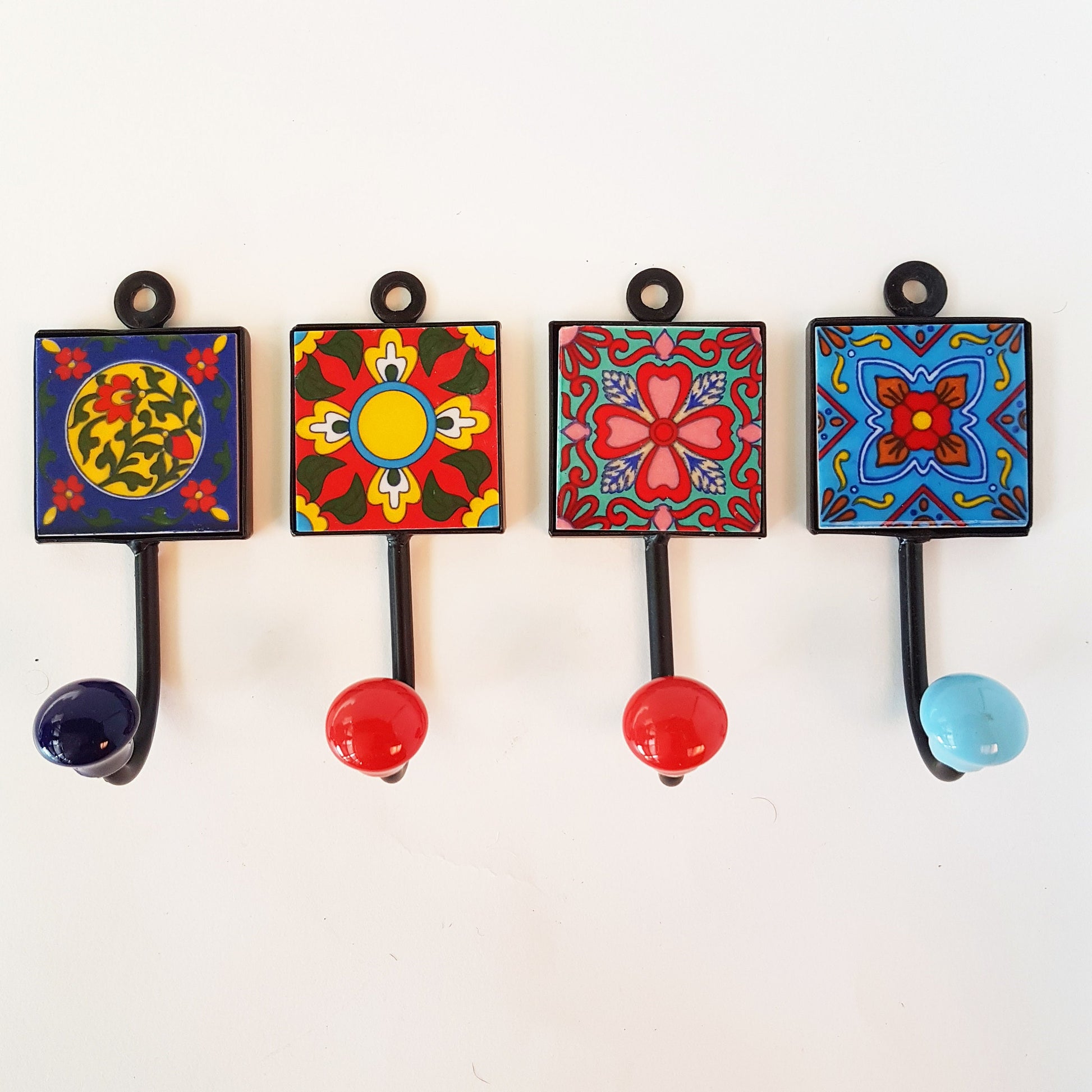 Set of 4 coat, cup and towel hooks for kitchen, bath & hallway. Hand painted Tosca designer collection. Functional and decorative decor. - Vintage India Ca