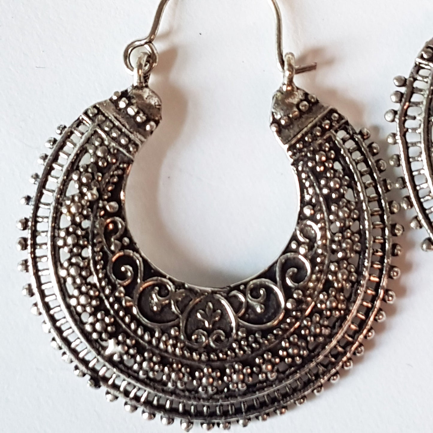 Large tribal boho hoop earrings in antique silver finish. Creole style. Light weight with delicate embossed pattern.  2 inch size. - Vintage India Ca