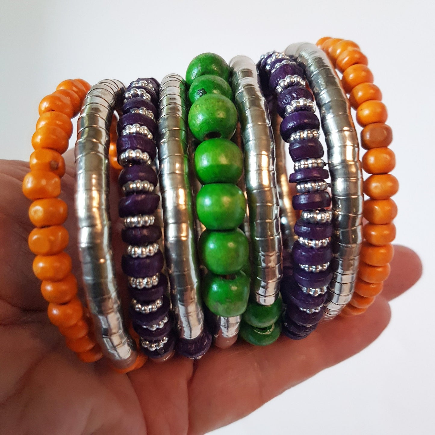 Super cool coil wrap spiral bracelet. Tribal boho ethnic statement. Vibrant summer festival bracelet in colorful silver & wood mix. - Vintage India Ca