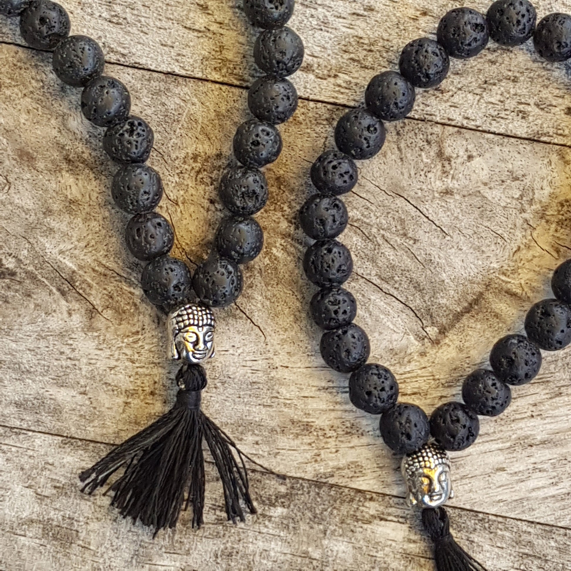 Natural black lava stone unisex meditation bracelet. Buddhist mala bracelet with silver buddha bead & black silk tassle. Yoga jewelry. - Vintage India Ca