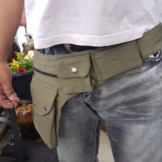 Utility festival belt. Unisex travel & shopping money belt. Adjustable to 48 inches. 7 pockets-4 zip, 2 cargo . Handy coin pouch. - Vintage India Ca