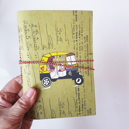Journal, notebook, sketchbook 5 by 7 inches. Funky India auto rickshaw cover design in vintage khaki color. Handmade rag paper pages. . - Vintage India Ca