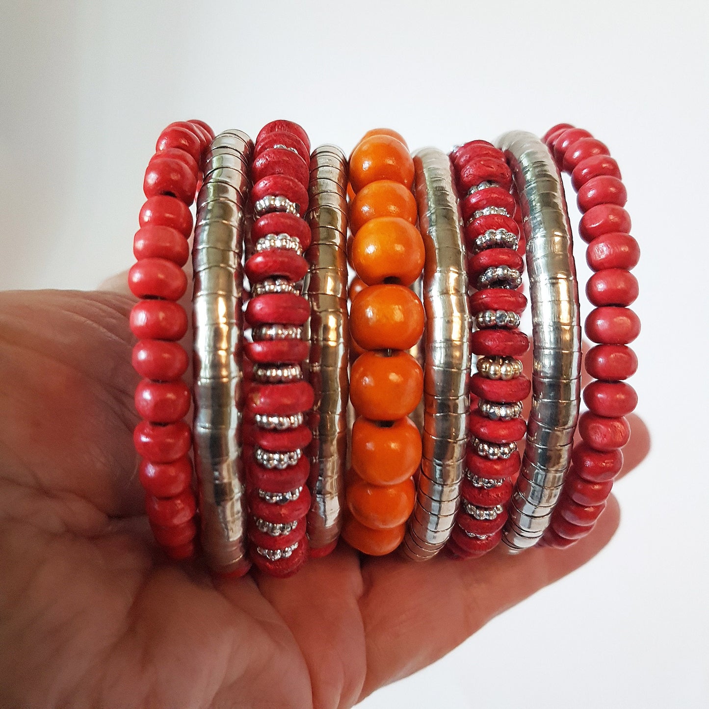 Super cool coil wrap spiral bracelet. Tribal boho ethnic statement. Vibrant summer festival bracelet in colorful silver & wood mix. - Vintage India Ca
