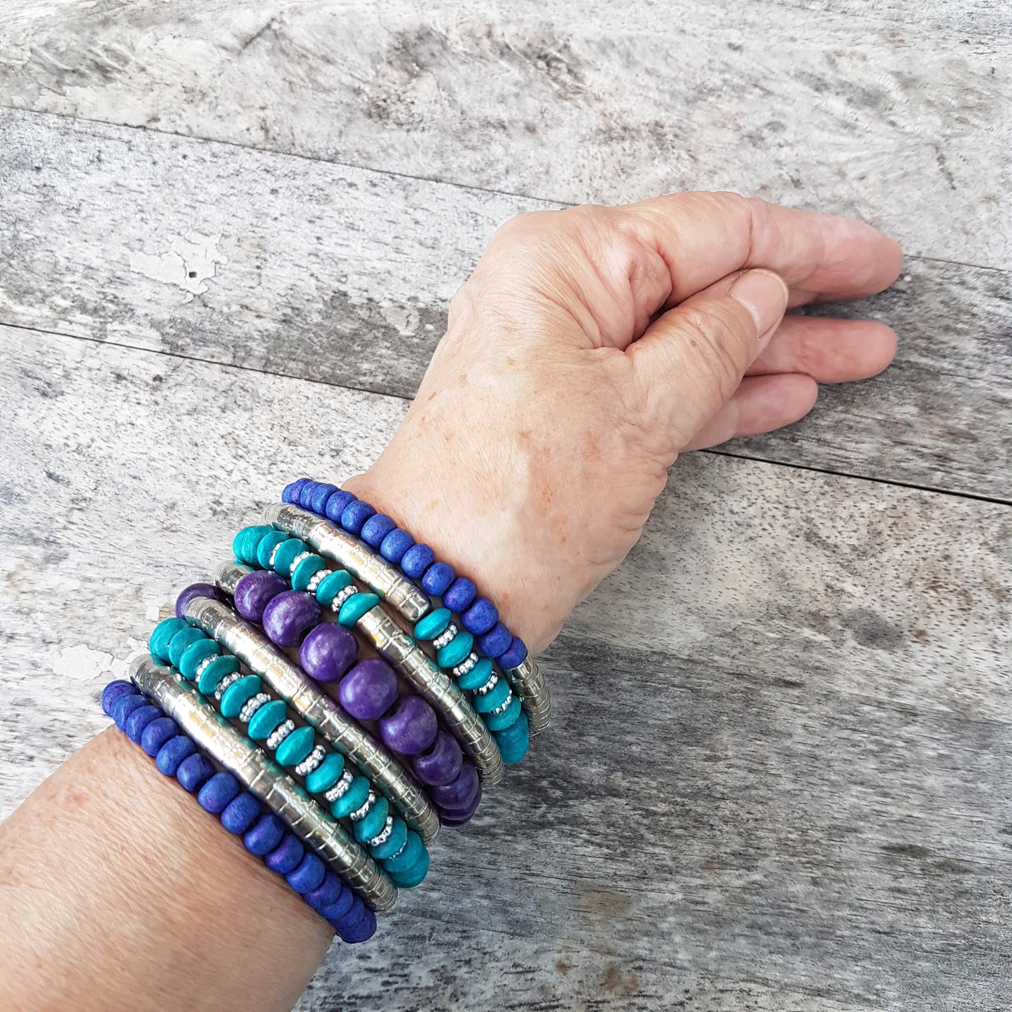 Super cool coil wrap spiral bracelet. Tribal boho ethnic statement. Vibrant summer festival bracelet in colorful silver & wood mix. - Vintage India Ca