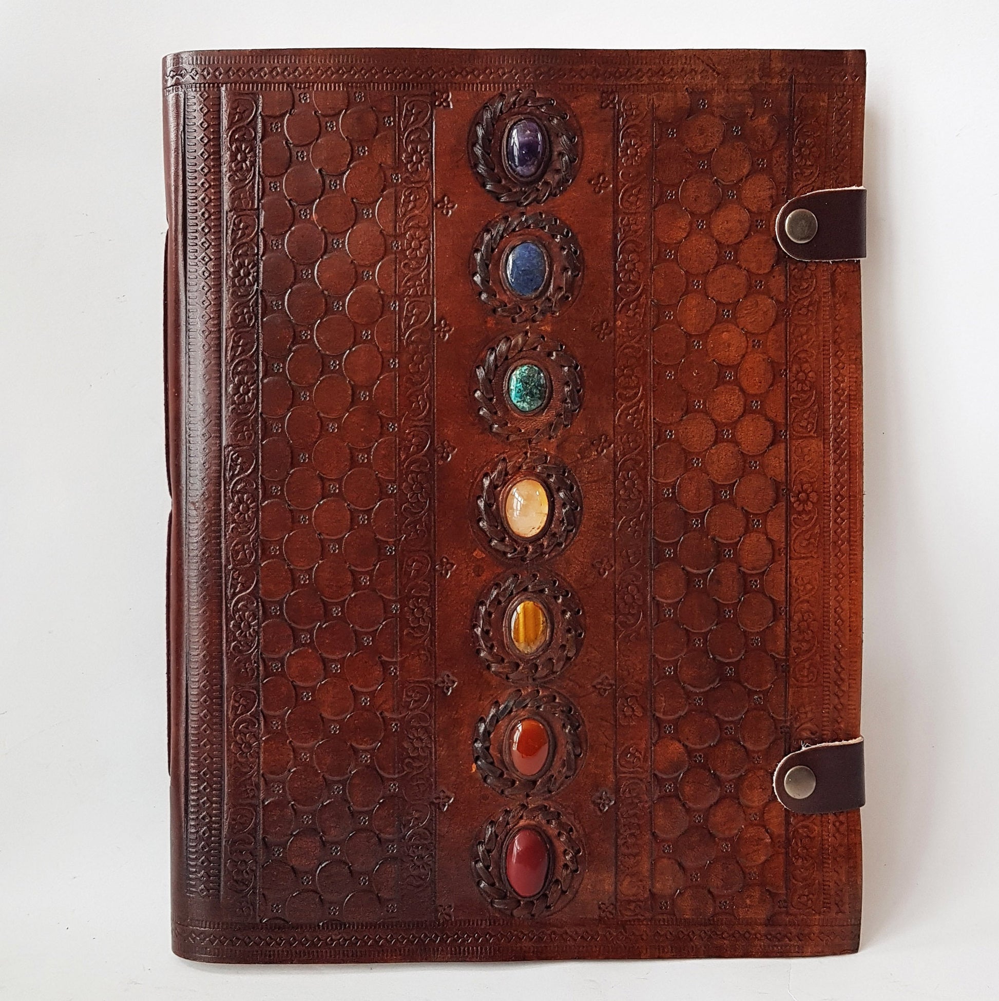 Leather bound 7 Chakra grimoire XL. 7 semi precious stone inlaid cover. 10.5x13 inch. Artist sketchbook, guest book, wedding album. - Vintage India Ca