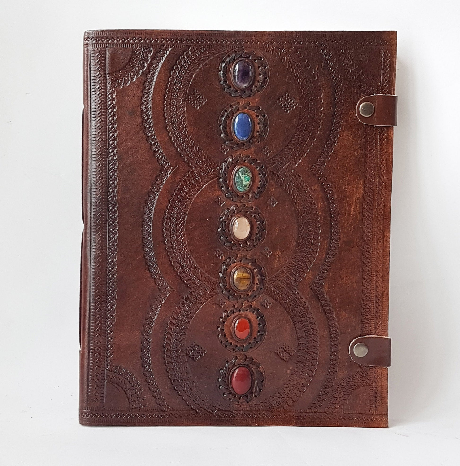 Leather bound 7 Chakra grimoire with 7 stones. 10.5x13 inch with parchment divider sheets. Artist sketchbook, guest book, wedding album. - Vintage India Ca