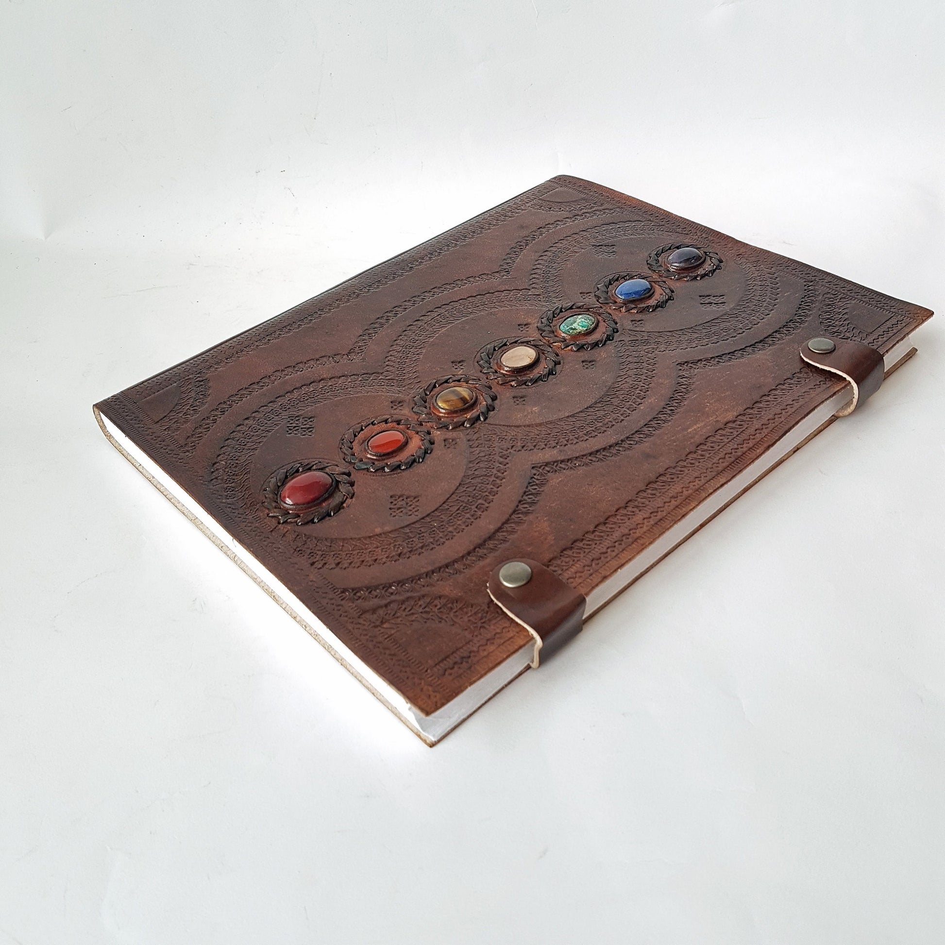 Leather bound 7 Chakra grimoire with 7 stones. 10.5x13 inch with parchment divider sheets. Artist sketchbook, guest book, wedding album. - Vintage India Ca