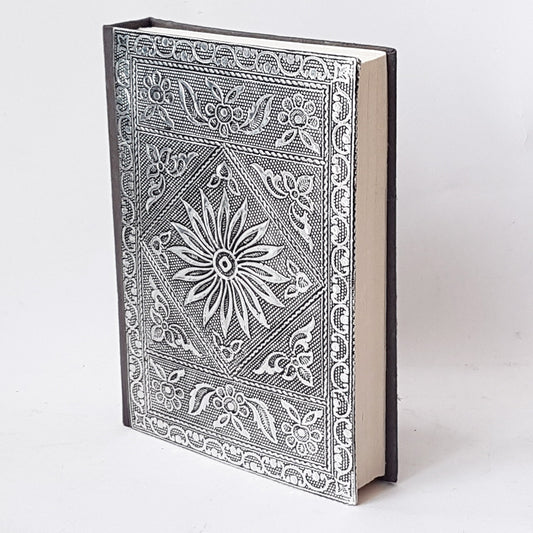 Journal notebook with medieval hardcover design 5x7 inch. Antique silver embossed cover. Use as sketchbook, bullet journal, personal diary. - Vintage India Ca