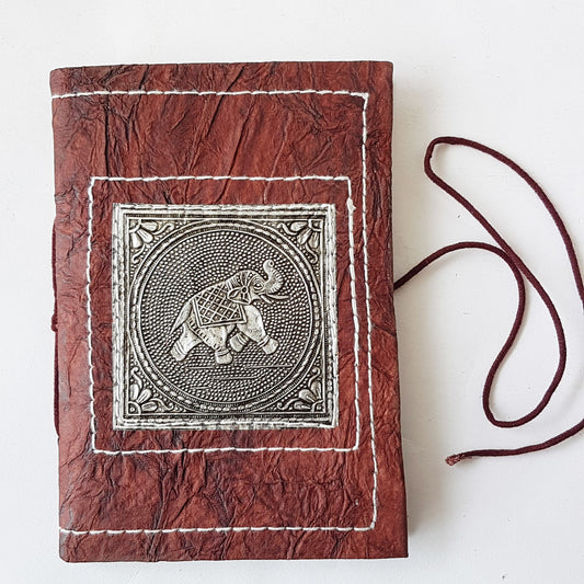 Journal notebook with embossed silver elephant cover design. Faux leather 5x7 inch. Use as sketchbook, bullet journal, personal diary. - Vintage India Ca