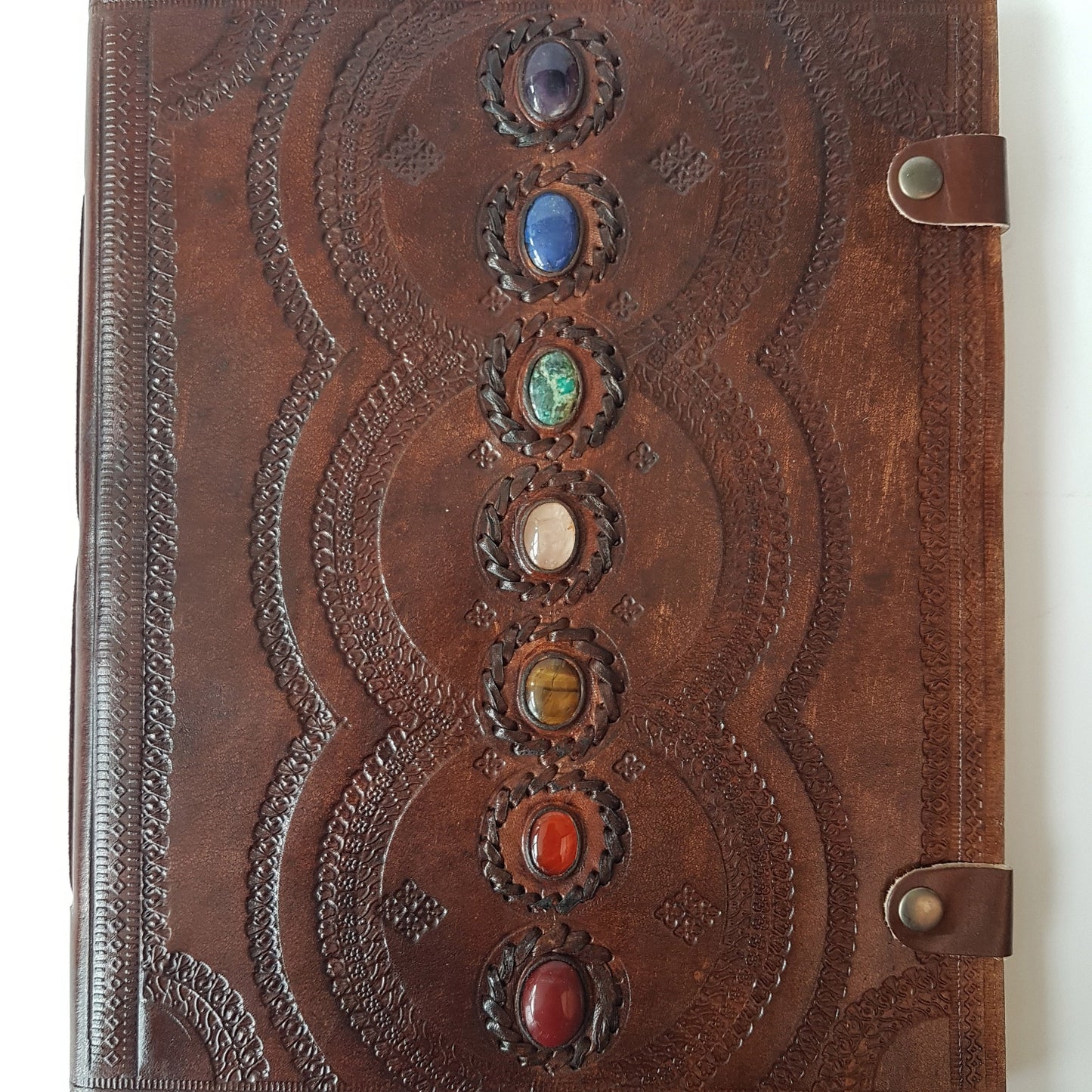 Leather bound 7 Chakra grimoire with 7 stones. 10.5x13 inch with parchment divider sheets. Artist sketchbook, guest book, wedding album. - Vintage India Ca