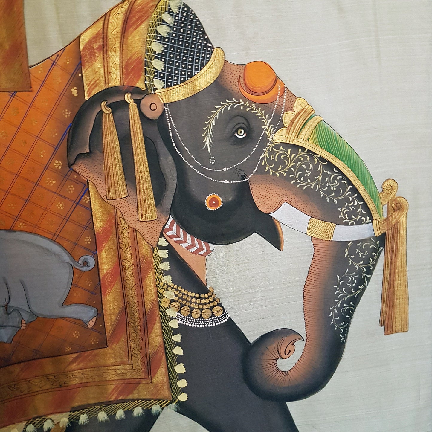 Magnificent vintage original pichwai painting of an elephant 33 by 32 inches. Hand painted on silk. You can hang as wall tapestry or frame. - Vintage India Ca