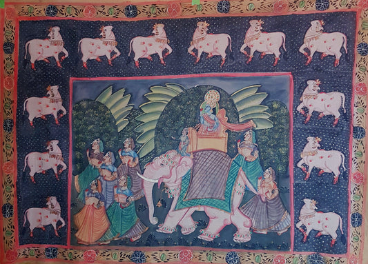 Pichwai art hand painted wall decor 33x45 inches. Traditional India theme folk art. Original art painting on cloth canvas-not digital copy. - Vintage India Ca