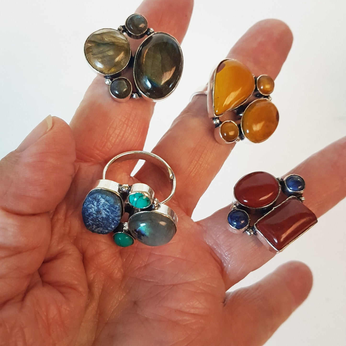 Gemstone Cluster Art Rings adjustable size. One of a kind rings with semi precious stones in asymetrical settings. Comfortable to wear. - Vintage India Ca