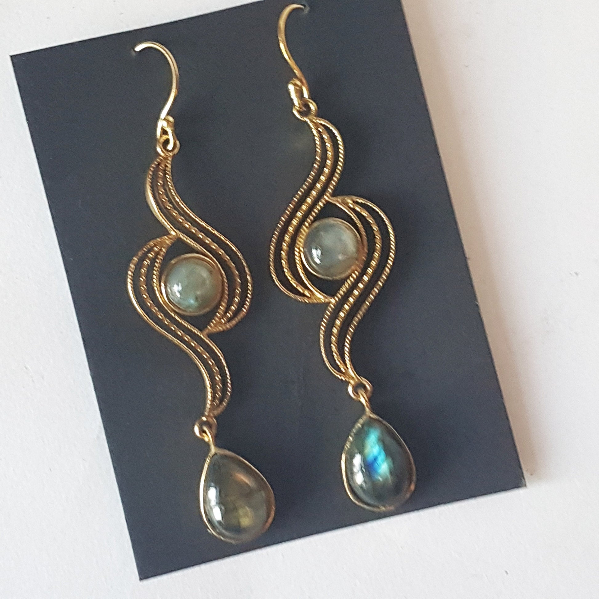 Dramatic double labradorite stone earrings. 3 inch length in bronze metal swirl design. Dressy gala boho style. Free shipping. In stock now. - Vintage India Ca