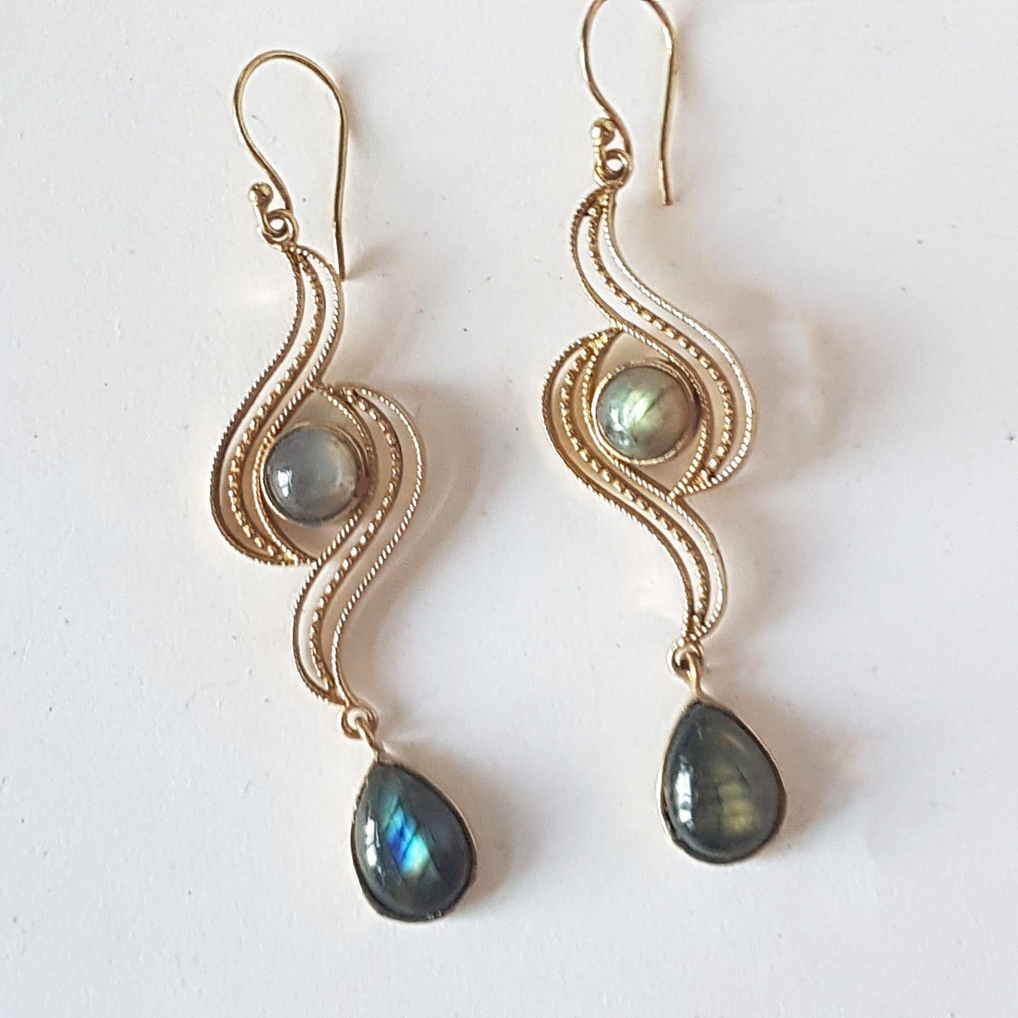 Dramatic double labradorite stone earrings. 3 inch length in bronze metal swirl design. Dressy gala boho style. Free shipping. In stock now. - Vintage India Ca