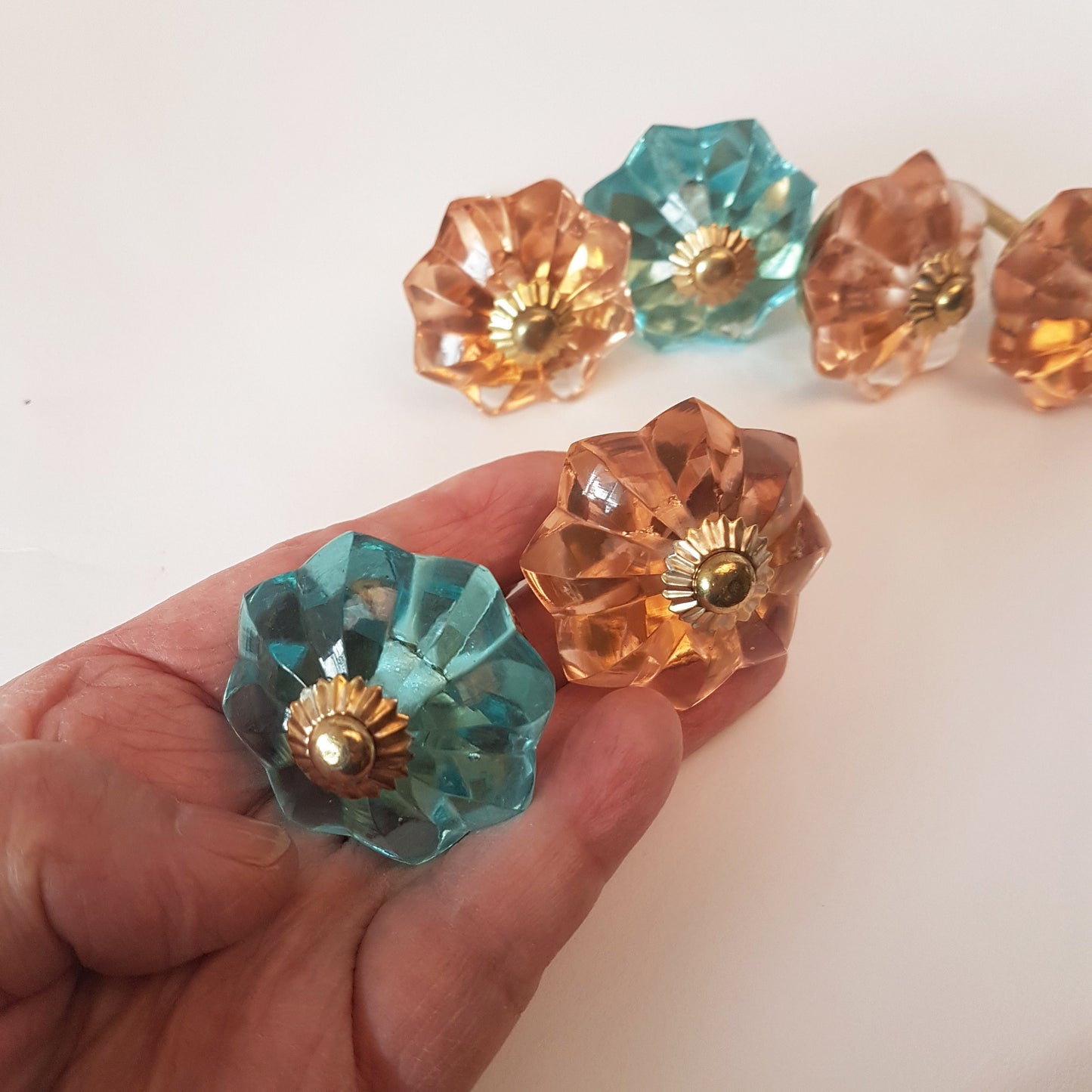 Set of 8 knobs: 4 faux aquamarine & 4 rose crystal look cabinet knobs. 8 piece collection of cupboard and drawer pulls for furniture. - Vintage India Ca