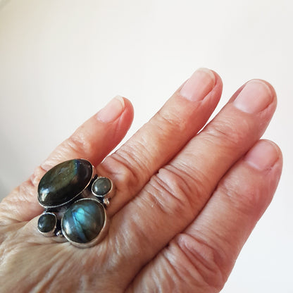 Gemstone Cluster Art Rings adjustable size. One of a kind rings with semi precious stones in asymetrical settings. Comfortable to wear. - Vintage India Ca