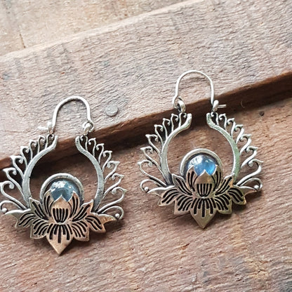Fabulous silver lotus flower gemstone earrings. Esoteric and metaphysical theme jewelry. Large hanging earrings with semi precious stones. - Vintage India Ca
