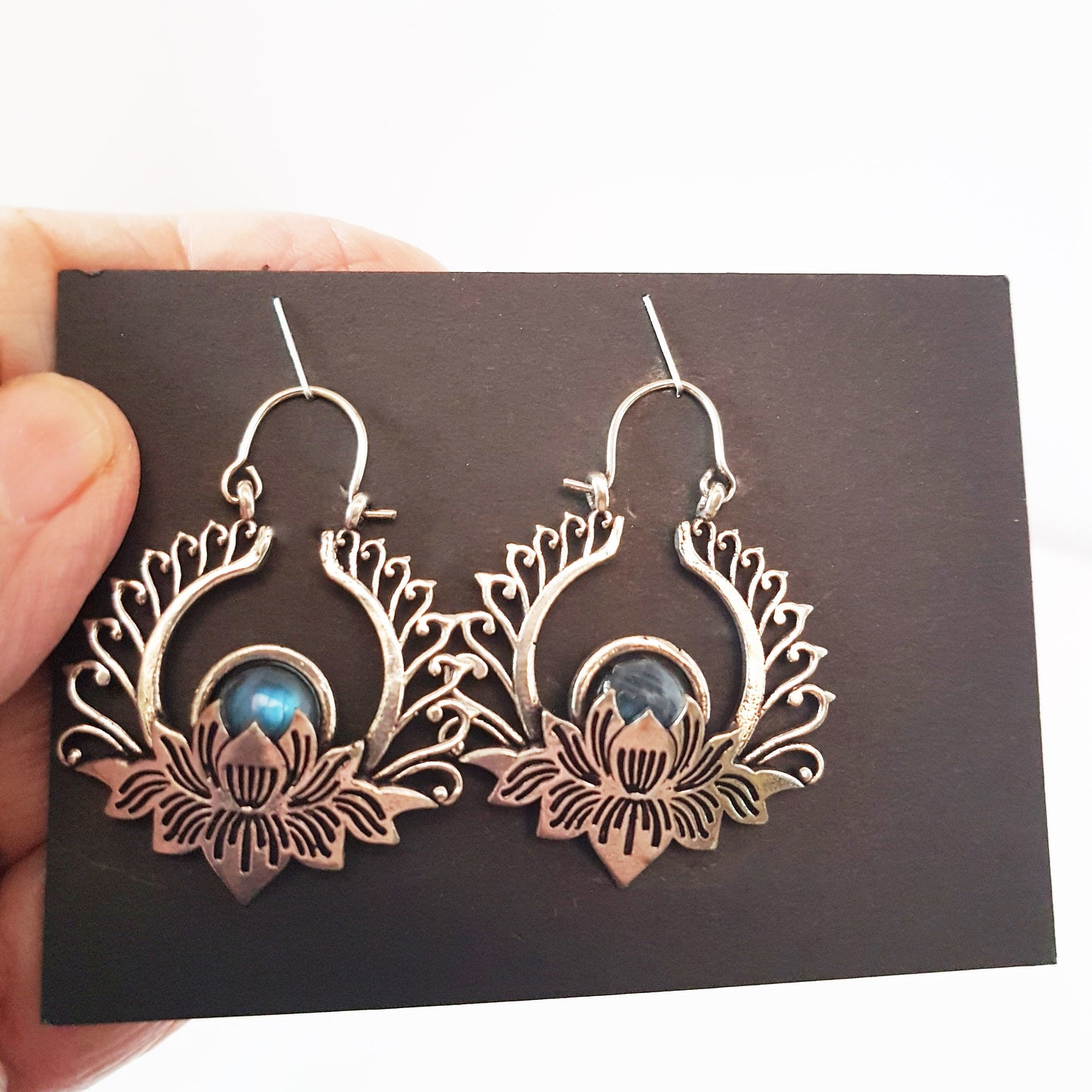 Fabulous silver lotus flower gemstone earrings. Esoteric and metaphysical theme jewelry. Large hanging earrings with semi precious stones. - Vintage India Ca