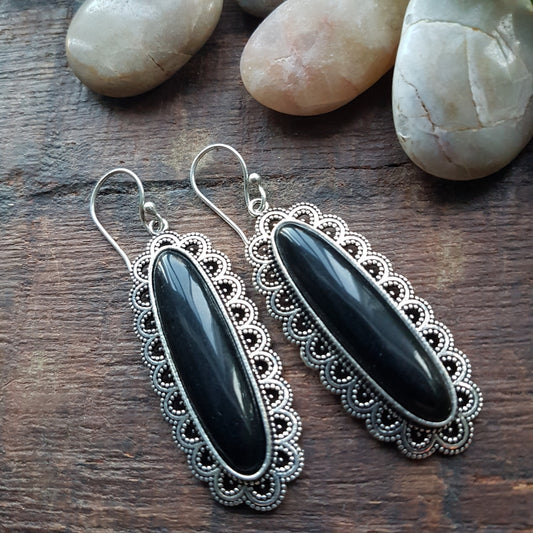 Medieval Reanaissance earrings with long slender oval stones. Victorian silver finish in a handcrafted filigree design. 4 stone choices. - Vintage India Ca