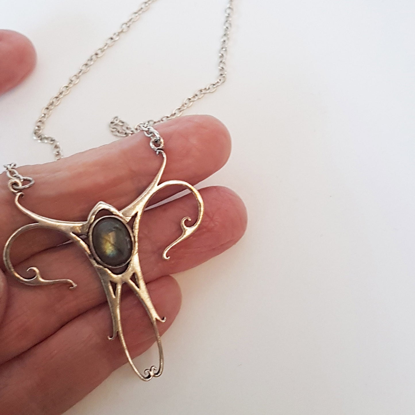 Silver Celtic antler pendant with a large labradorite stone. Spiritual symbol of the forest realm. Esoteric, metaphysical, New Age jewelry. - Vintage India Ca