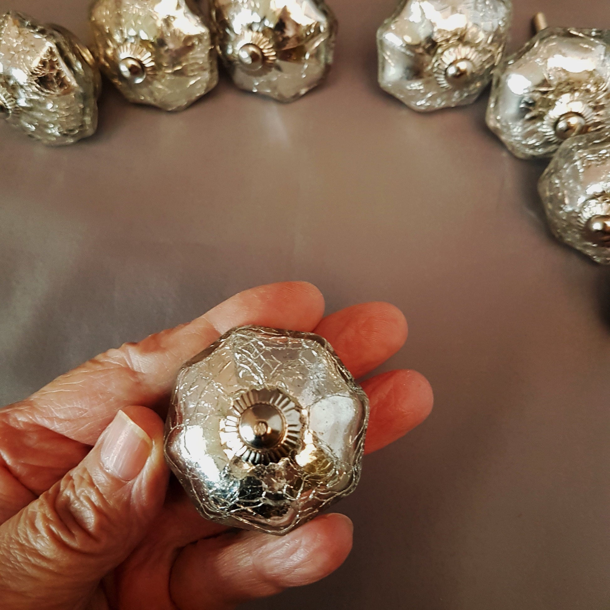 Set of 8 Mercury Glass cabinet knob drawer pulls. Bygone era Bohemian silvered glass knob collection . Nostalic luster glass redecorating. - Vintage India Ca