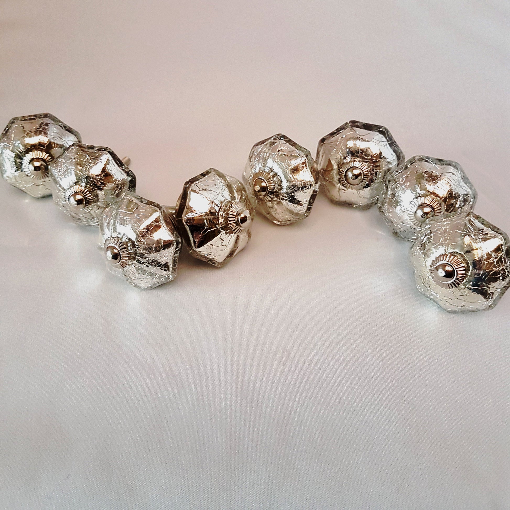 Set of 8 Mercury Glass cabinet knob drawer pulls. Bygone era Bohemian silvered glass knob collection . Nostalic luster glass redecorating. - Vintage India Ca