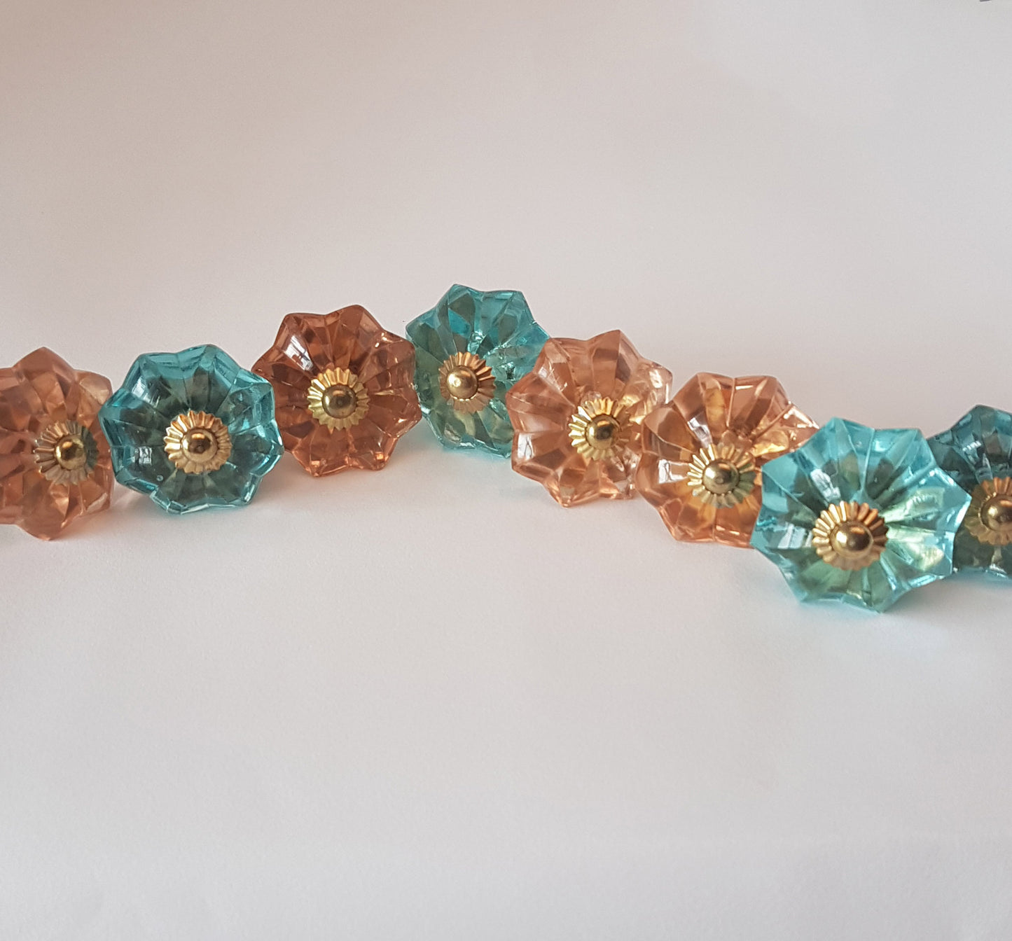 Set of 8 knobs: 4 faux aquamarine & 4 rose crystal look cabinet knobs. 8 piece collection of cupboard and drawer pulls for furniture. - Vintage India Ca