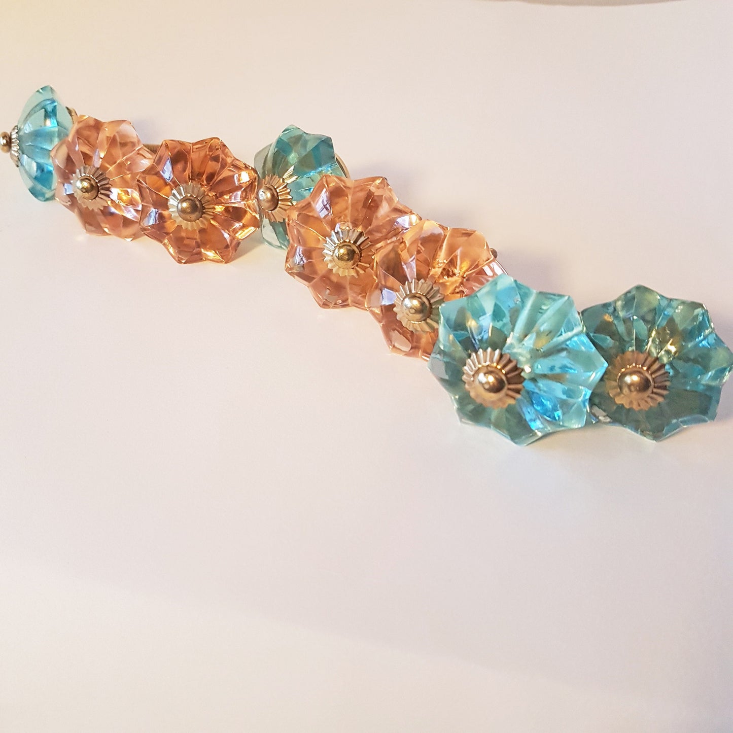 Set of 8 knobs: 4 faux aquamarine & 4 rose crystal look cabinet knobs. 8 piece collection of cupboard and drawer pulls for furniture. - Vintage India Ca