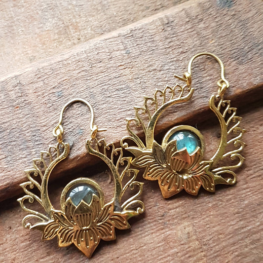 Stunning gold finish lotus flower earrings with labradorite stones. Esoteric and metaphysical theme jewelry. Large hanging earrings. - Vintage India Ca