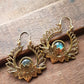 Stunning gold finish lotus flower earrings with labradorite stones. Esoteric and metaphysical theme jewelry. Large hanging earrings. - Vintage India Ca