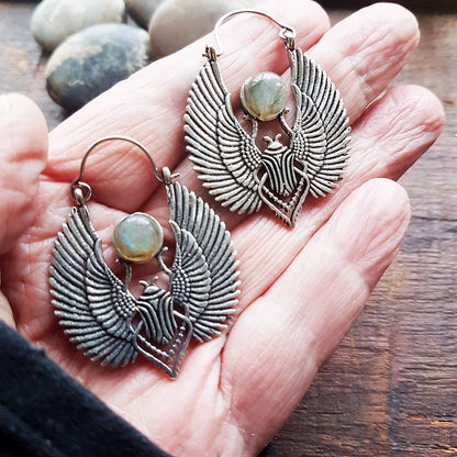 Silver scarab earrings with semi precious stones. Esoteric earrings . Gothic steampunk jewelry. Gold or silver metal with choice of stone. - Vintage India Ca