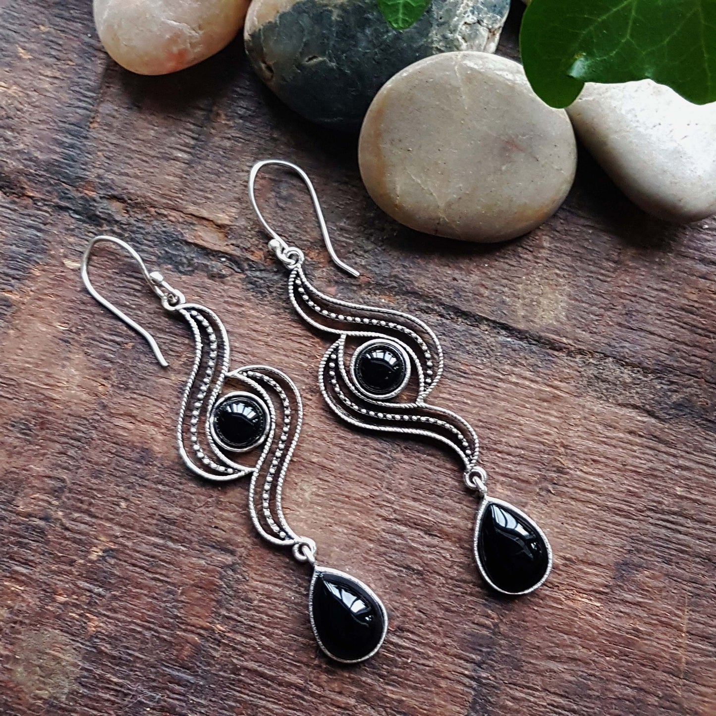 Shoulder length silver double stone earrings. Medieval look 3 inches long.  Teardrop stone boho double stone dangle earrings. - Vintage India Ca