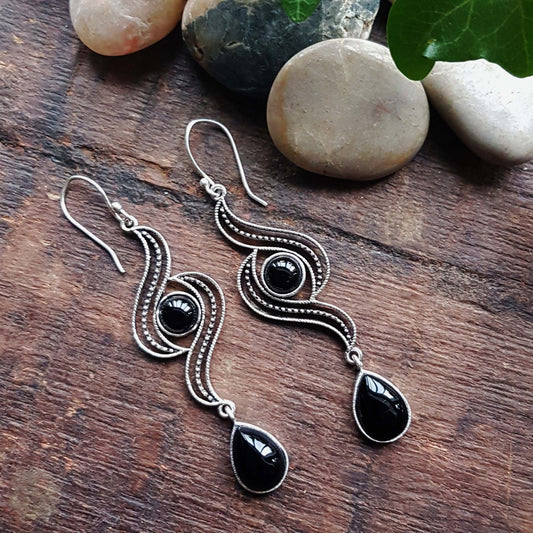 Shoulder length silver double stone earrings. Medieval look 3 inches long. Teardrop stone boho double stone dangle earrings. - Vintage India Ca