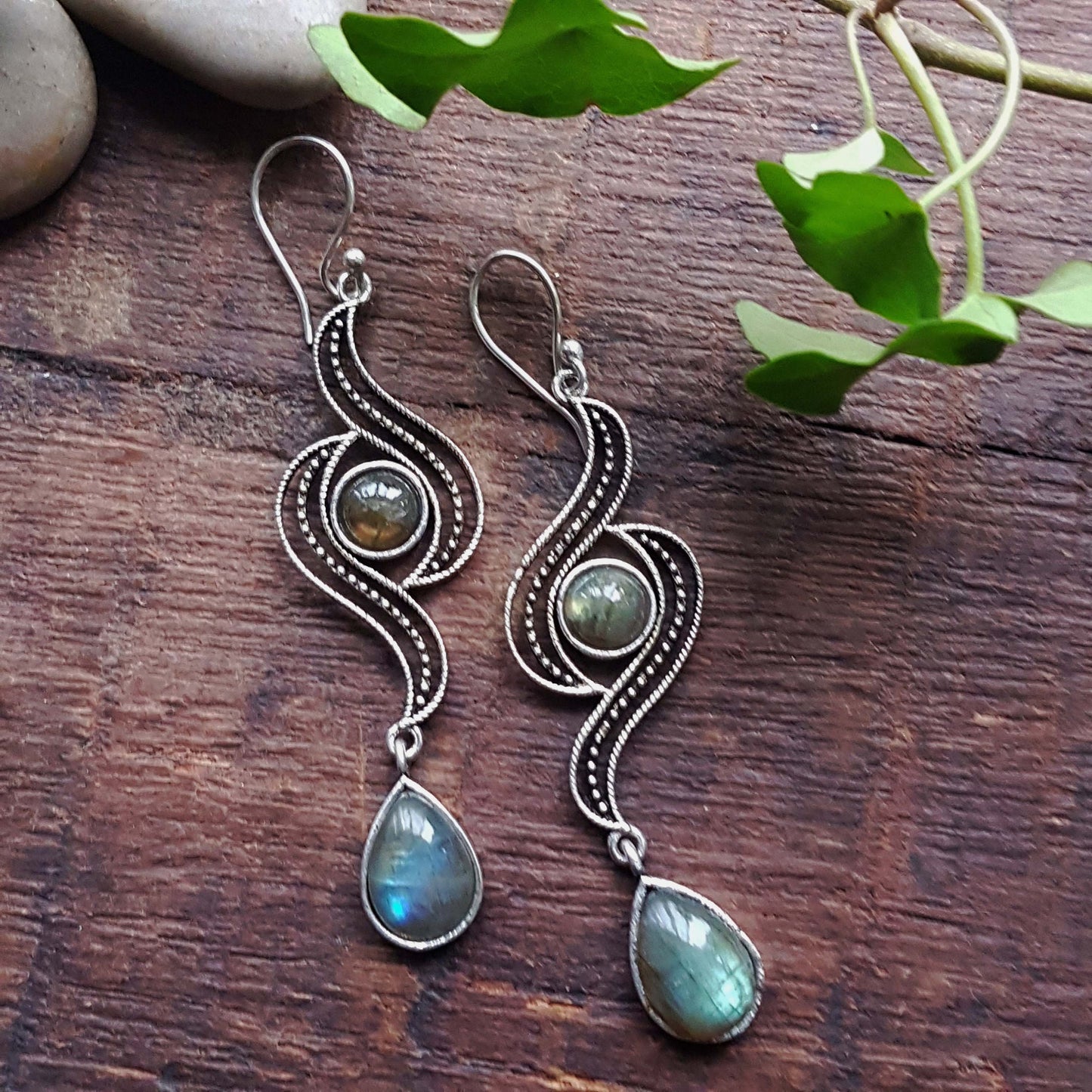 Shoulder length silver double stone earrings. Medieval look 3 inches long.  Teardrop stone boho double stone dangle earrings. - Vintage India Ca