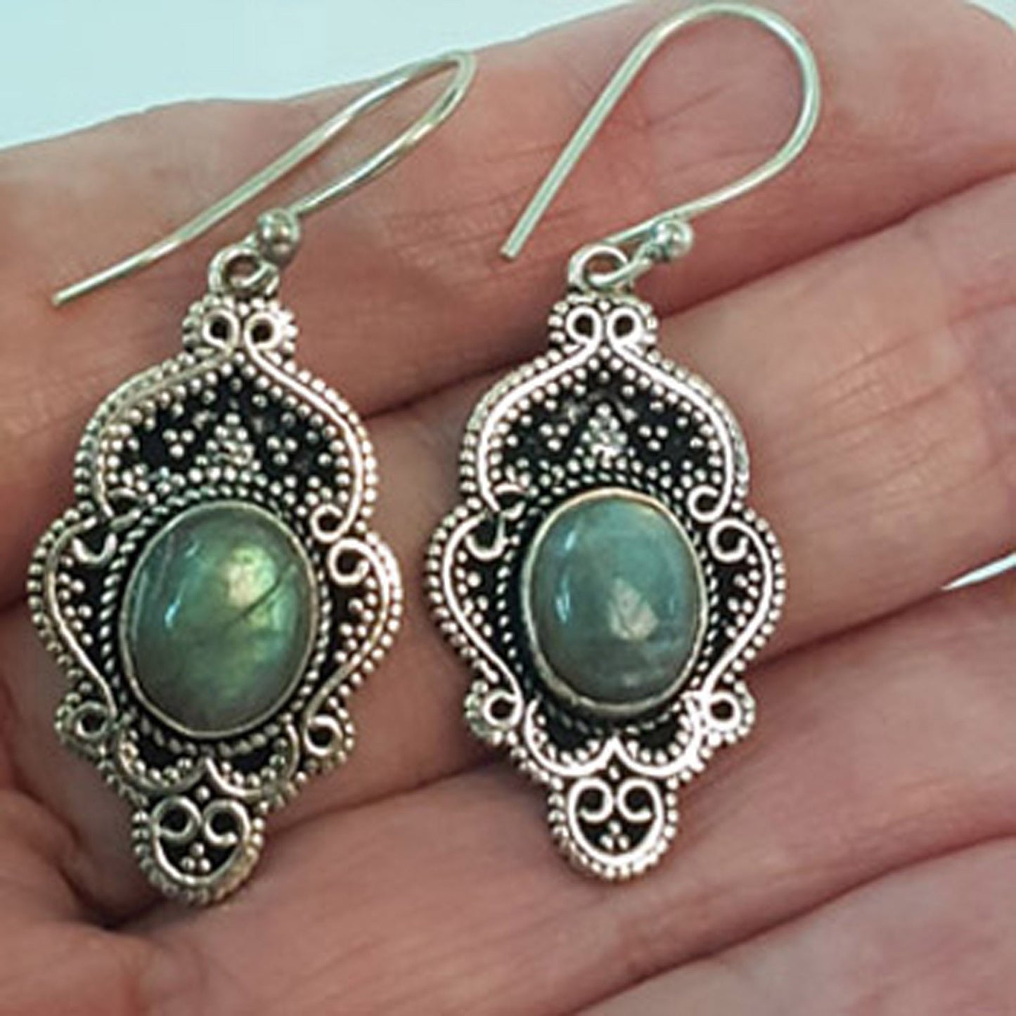 Medieval earrings with crystal stones. Antique silver filigree setting with semi precious stones. Victorian Renaissance jewelry. 2 inches. - Vintage India Ca