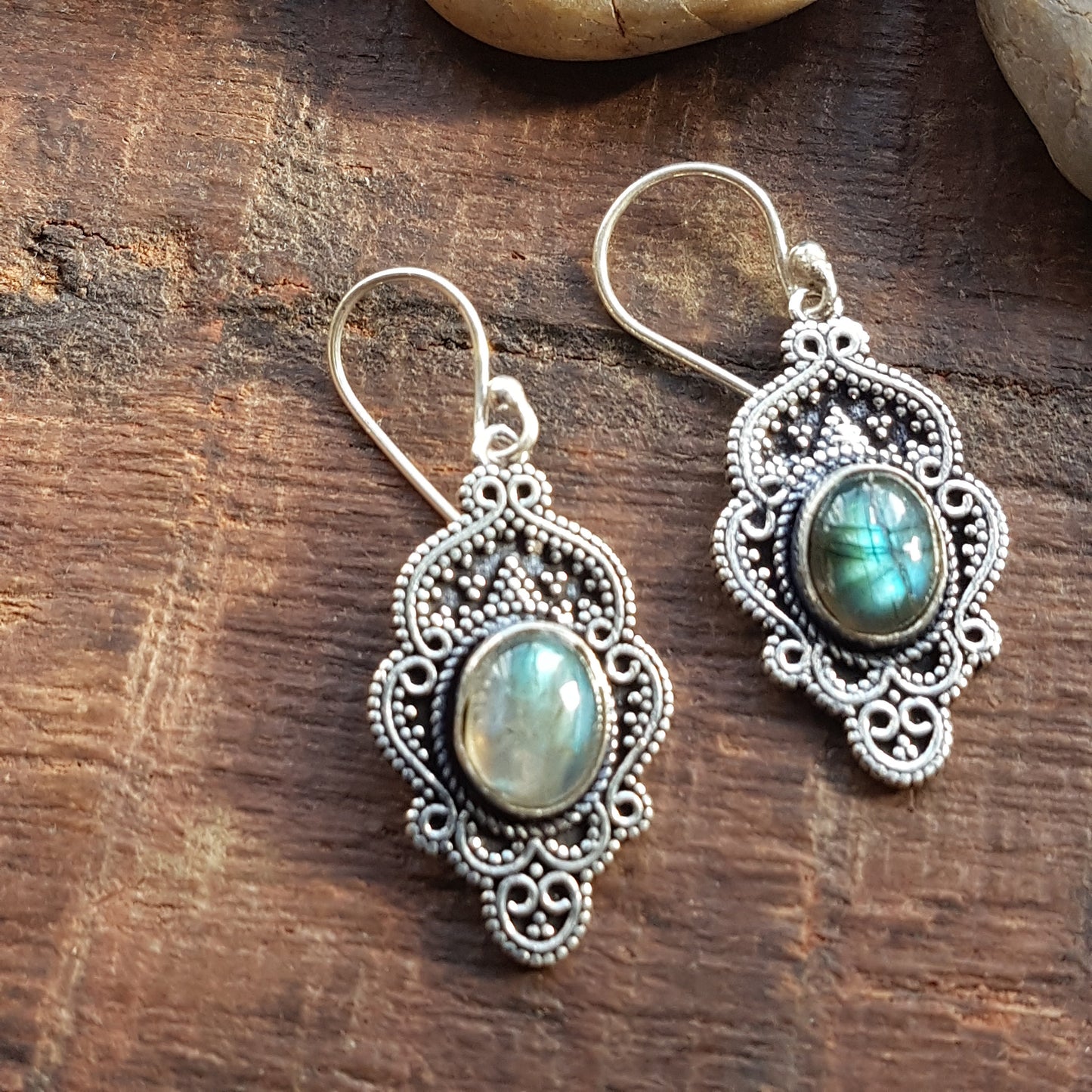 Medieval earrings with crystal stones. Antique silver filigree setting with semi precious stones. Victorian Renaissance jewelry. 2 inches. - Vintage India Ca
