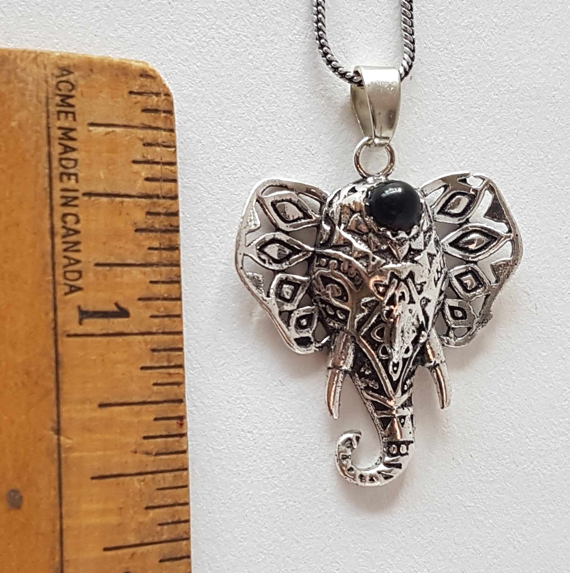 Silver elephant pendant necklace. Semi precious stone elephant jewelry. Unique pierced metal design. Third eye gemstone. Obstacle Remover. - Vintage India Ca